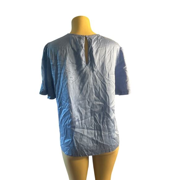 Women 40 US-8 Sezane Blue Silk Short Sleeved Blouse Shirt Top Keyhole Back - Picture 4 of 7